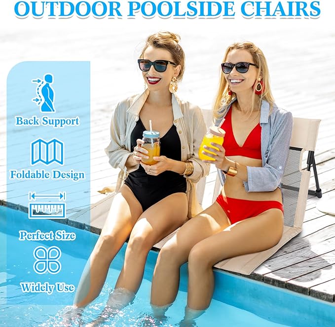 Karenhi 4 Pcs Foldable Poolside Chairs Portable Beach Chair Folding Seat for Edge of Pool Provide Back Support with Carry Bag for Adults Traveling Camping Picnic Lawn(Beige26.8 InchMesh Style)