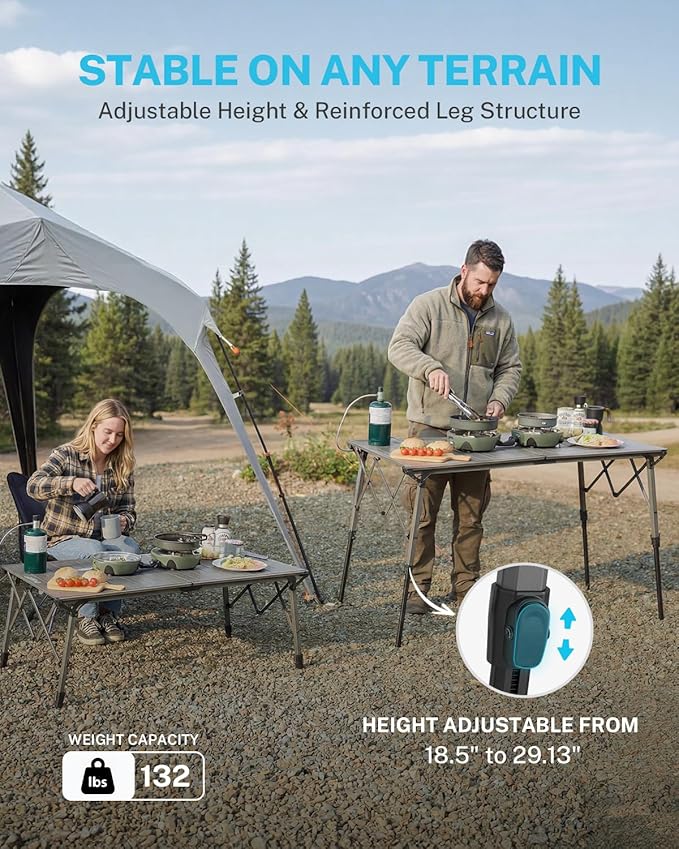 Gonex 50 Camping Table with Adjustable Height Legs for Uneven Ground Portable Folding Aluminum Roll Up Table with Mesh Pocket for Camping Picnic BBQ Cooking