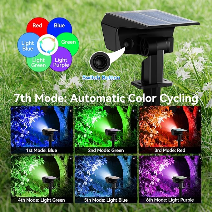 TECKNET Solar Color Changing Lights 7 Lighting Modes Solar Spot Lights Outdoor Waterproof IP68 4 Pack Multicolor RGB Outdoor Lights for Garden Yard Landscape Decor (RGB)