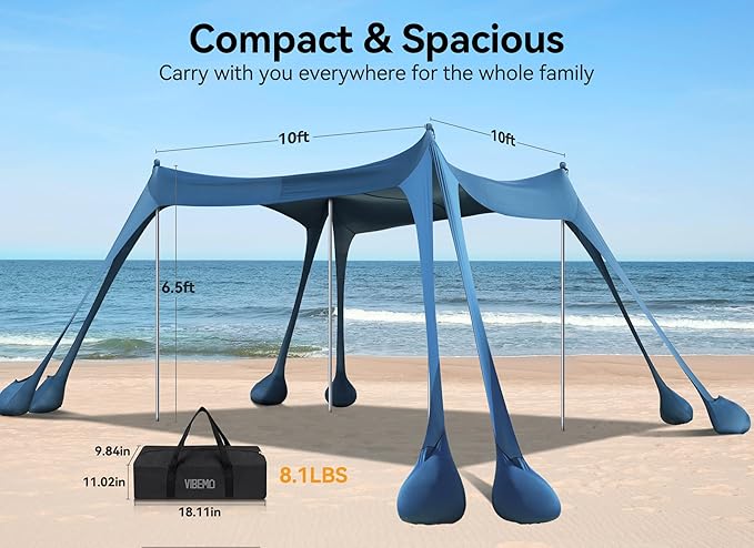 Beach Tent Beach Canopy Sun Shade with UPF50+ UV Protection 10x10ft Includes 8 Sandbags Sand Shovel Ground Pegs &amp 4 Stability Poles Pop Up Sun Shelter for Camping Picnics Backyard Fun
