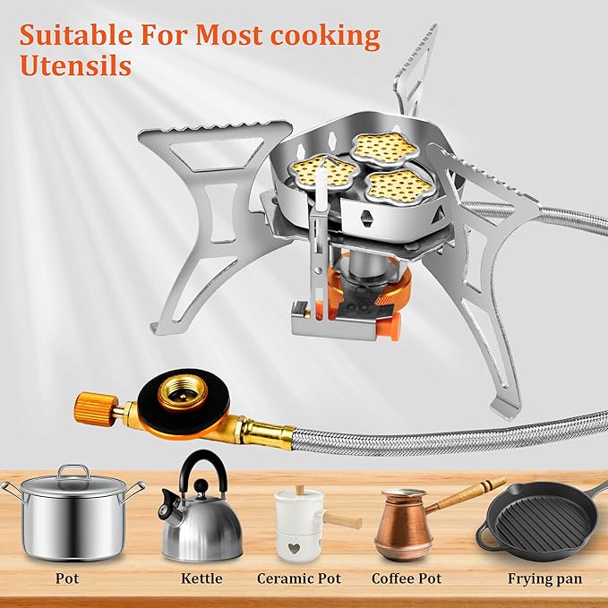 6800W Camping Backpacking Stove Outdoor Portable Burner Cooking Stove with Fuel Canister Adapter Piezo Ignition Carry Case Foldable Windproof Camping Gas Stove for Picnic Hiking