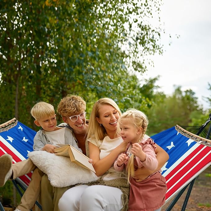 Tranquillo Sturdy Steel Hammock with Stand Premium Cotton Canvas Hammock 600 lbs Capacity Hammock Stand Folding Portable 30-Second Fold Unfold for Camping American Flag