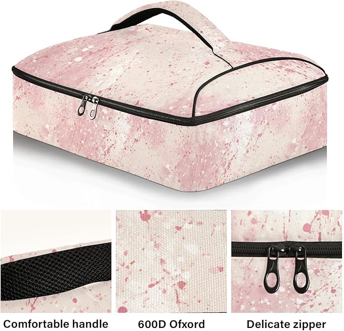 Casserole Carrier Pattern Light Pink and White PrintInsulated Casserole Carrier for Hot or Cold Food Thermal Lunch Tote for Potluck Parties Picnic Beach Fits 9 x 13 Inches Baking Dish