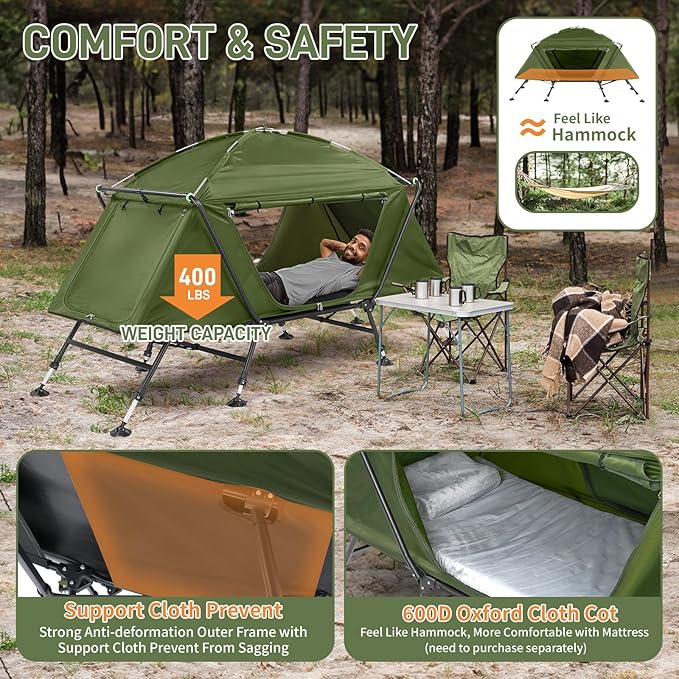 Large Outdoor Portable Sleeping CotPortable Lightweight Folding Camping Cot TentElevated Camping Bed TentFolding Outdoor Travel Cotwith Carry Bagfor Patio Hiking Picnic Travel (Army Green)