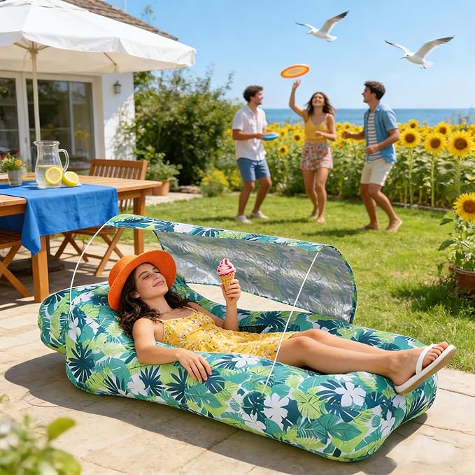 Inflatable CouchAir Sofa with Sun-Shade DesignBuilt-in StorageRipstop Polyester&ampStability PegsPortable Air Lounger for BeachCampingEasy to Carry2 Inflation Ways(Included Pump)Leaf Green