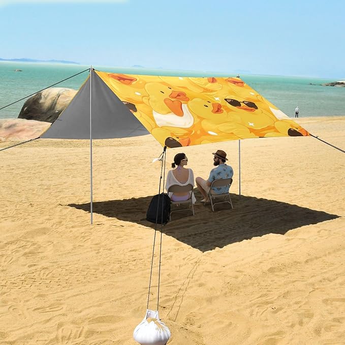 ALAZA Happy Yellow Duck W/Sunglasses Beach Tent Sun Shelter UPF50+ Protection Beach Shade Canopy w/ 4 Sandbags for Outdoor Camping Fishing Backyard Fun Picnic 10x9 ft