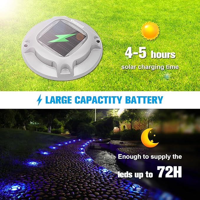 VOLISUN Solar Driveway Lights Dock Marine Lights 4 Pack2 Colors in 1Outdoor LED Deck LightSolar Powered Waterproof Warning Step Light for Driveway Sidewalk Pathway (Blue/White)Saltwater Resistant