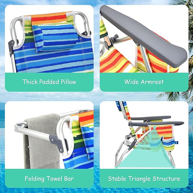 Goplus Beach Chair Folding Backpack Beach Chairs for Adults with 5 Positions Head Pillow Cooler Bag Towel Bar Cup Holders Sunbath Sling Tanning Lounge Foldable Layout Camping Chairs