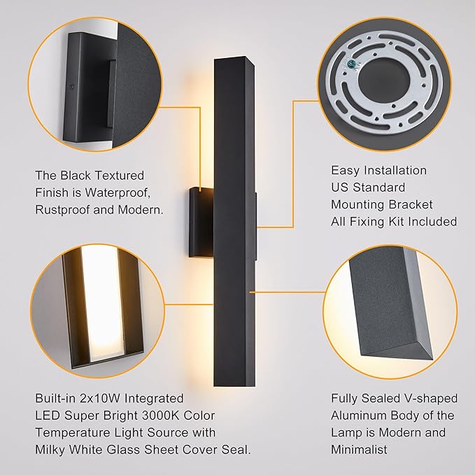 Modern Minimalist Outdoor Waterproof LED Wall Sconce with Built-in 20W LED Warm White Light Source Fully Sealed V-Shaped Aluminum Cover Can Be Mounted Outdoors or Indoors at Any Angle.