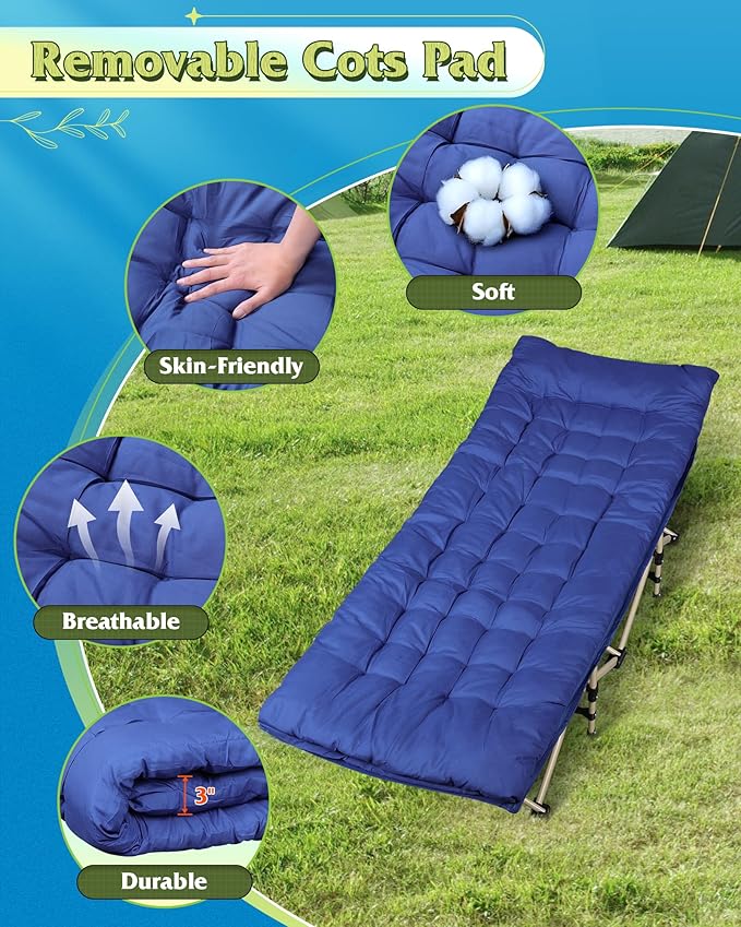 WLIVE 1200D Double Layer Oxford Camping Cots for Adults Portable Camping Cot Bed with Mattress for Sleeping Outdoor Folding Bed with Carry Bag for Resting Camping Dark Blue