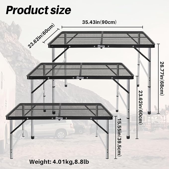 jkwokback 3ft x 2ft Grill Table Portable Camping Table Waterproof Black Folding Table with Adjustable Height Camping TableFolding Camp Table for BBQCamping Outdoor Sports Beaches and Picnics