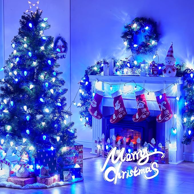 Brightown 2 Pack Blue and White C9 LED Christmas String Lights - 33ft 50 LED Waterproof Strawberry String Lights Plug-in Extendable Green Wire Lights String for Outdoor Indoor Patio Party Decoration