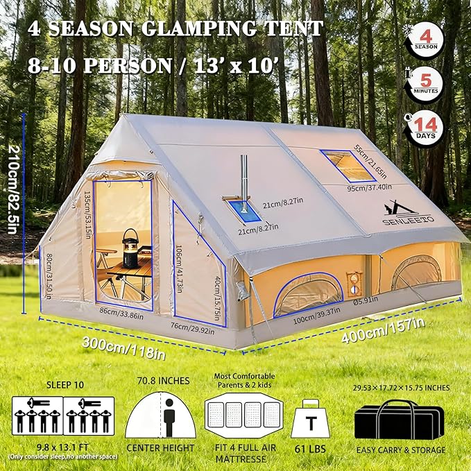Inflatable Camping Tents 8-10 Person129 Square Feets Large Inflatable Camping Tent with Stove JackBlow up Tent with Mesh Windows &amp Pump