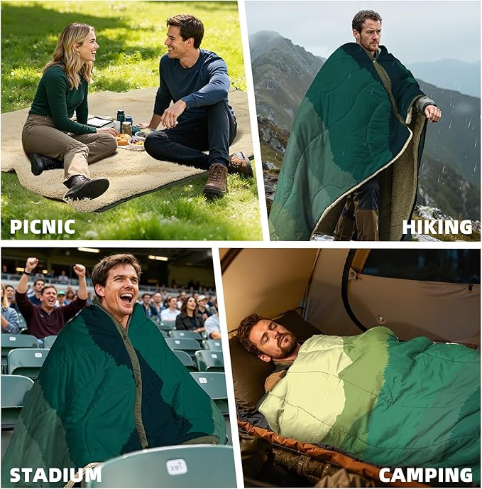 Outdoor Camping Blanket - Puffy Camping Blanket PackableSherpa Fleece Warm Blanket for Camping Outdoors Travel Stadium Festivals Beach Hammock 56x 78 Machine Washable DWR Lightweight