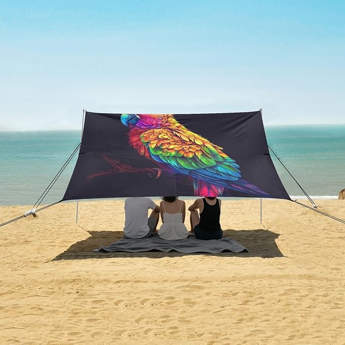 ALAZA Parrot Portrait Rainbow Color Beach Tent Sun Shelter UPF50+ Protection Beach Shade Canopy w/ 4 Sandbags for Outdoor Camping Fishing Backyard Fun Picnic 10x9 ft