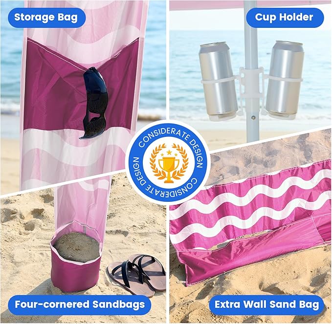 Zeraty Beach Cabana 8'×8' Portable Beach Canopy with Side Wall Easy Pop Up UPF 50+ Silver-Coated Beach Tent Sun Shelter Wind Resistant Adjustable Height Beach Umbrella Tent for Family Pink