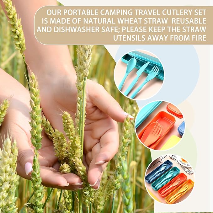 Jinei 50 Sets Reusable Travel Utensils Set with Case Wheat Straw Cutlery Portable Spoon Knife Forks Lunch Box Accessories Friendly Tableware for Kids Adults Camping Utensils(Elegant)