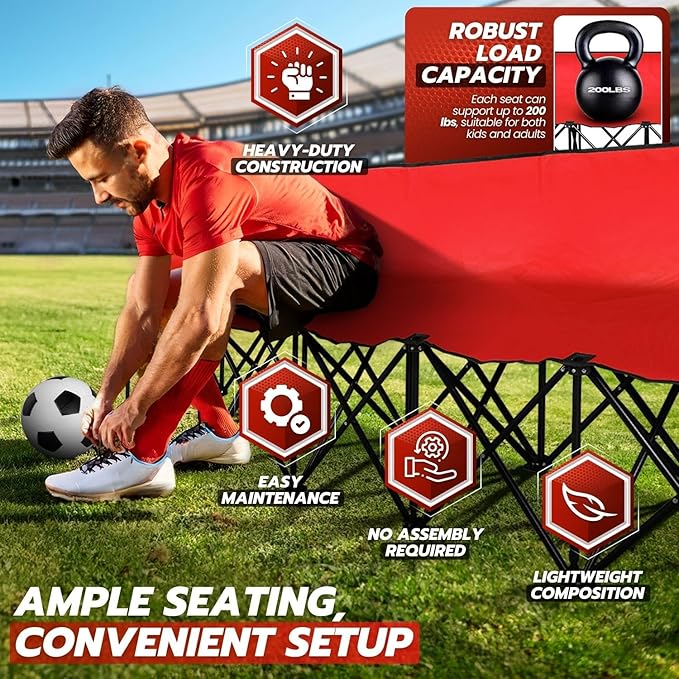 Flexzion Portable Folding Bench Seat 6 Seater Collapsible Soccer Bench Portable Bench Seats for Bleachers Camping Sideline with Back Rest and Carrying Bag Red