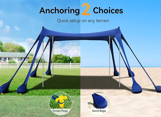 Beach Tent Beach Canopy Sun Shade with UPF50+ UV Protection 10x10ft Includes 8 Sandbags Sand Shovel Ground Pegs &amp 4 Stability Poles Pop Up Sun Shelter for Camping Picnics Backyard Fun