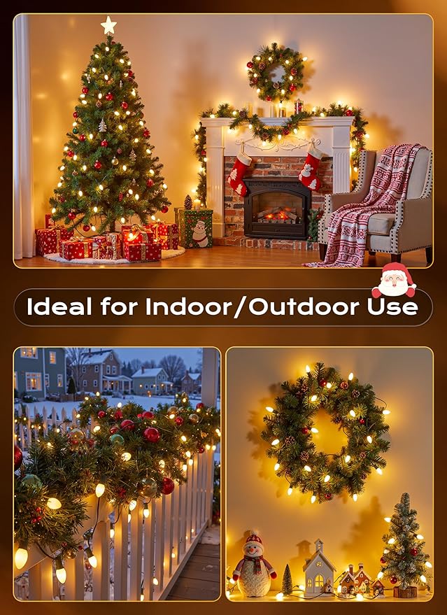 Brightown C9 LED Christmas Lights Outdoor 50 FT 50 Warm White Connectable C9 String Lights for Christmas Tree Patio Roofline Garden Backyard Holiday Party Indoor Outdoor Decoration Green Wire