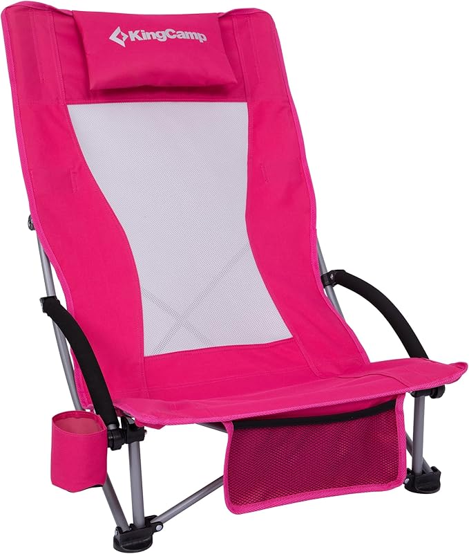 KingCamp Low Beach Chair High Back Folding Camping Chair for Adults Oversized Breathable Mesh Seat 300lbs Heavy Duty Portable Chair with Cup Holder &amp Storage Pockets for Beach Outdoor