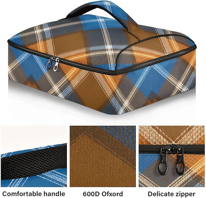 Casserole Carrier Blue Brown Tartan Pattern Insulated Casserole Carrier for Hot or Cold Food Thermal Lunch Tote for Parties Picnic Travel Carry Bag