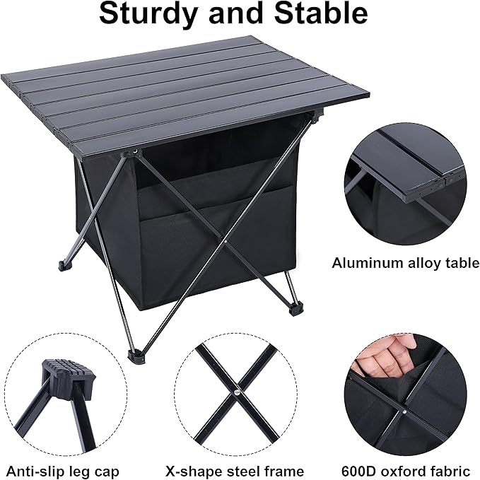 Portable Folding Aluminum Alloy Camping Table with High-Capacity Storage and Carry Bag Medium Size for Camping Traveling Hiking Fishing Beach BBQBlack