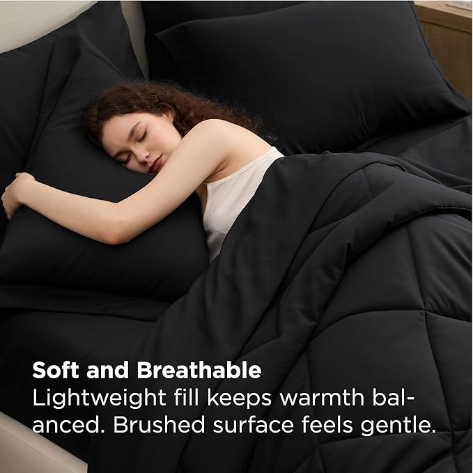 Bedsure Premium Series 7 Piece Black Full Comforter Set Goose Down Alternative All Season Medium Warmth Soft Hotel Luxury Bed in a Bag Safe for Sensitive Skin Includes Sheets Pillowcases &amp Sh