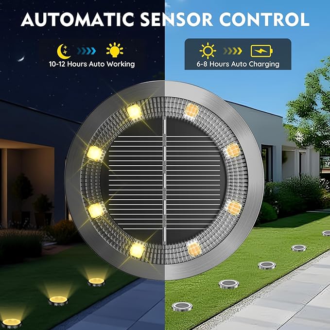Solar Ground Lights Outdoor 8 Pack Solar Lights Outdoor Waterproof Mini Flat Solar-Powered Garden Light Landscape Lighting for Garden Yard Lawn Pathway Walkway Driveway Backyard Decor Warm White
