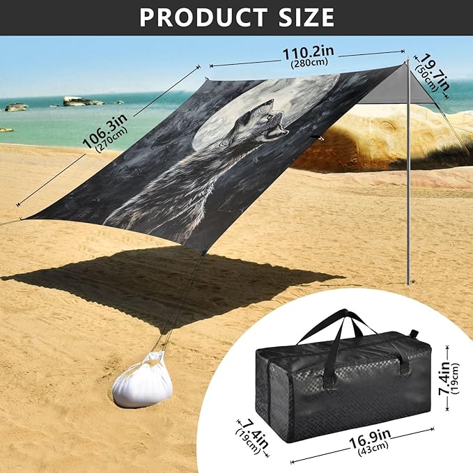 ALAZA Wolf Howling Under Moon Beach Tent Sun Shelter UPF50+ Protection Beach Shade Canopy w/ 4 Sandbags for Outdoor Camping Fishing Backyard Fun Picnic 10x9 ft