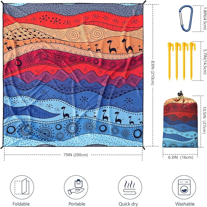 Beach Blanket Waterproof Sandproof Extra Large Beach Mat 79 X 83/120x108for 1-8 Adults Quick Drying Durable Outdoor Picnic Mat for Beach Travel Camping Hiking