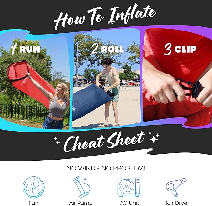Nevlers Navy &amp Red Inflatable Lounger 2 Pack | 210T Polyester Inflatable Couch | No-Pump Blow Up Chair Set| Inflatable Sofa w/ 450lbs Capacity Pockets &amp Matching Bag for Use as Festival Acces
