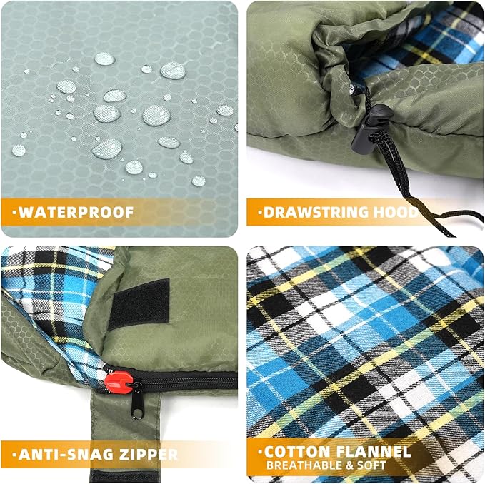 Cotton Flannel Lined Sleeping Bag for Adults Teens Kids Cold Weather &amp Warm 3 Seasons Lightweight Compact Camping Essentials Equipment Hiking Outdoor Travel