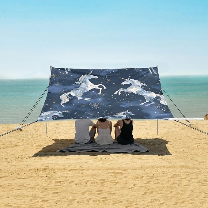 Starry Sky Horse Beach Tent Sun Shelter 9.2' x 10.5' Beach Canopy with 4 Sandbags 4 Stability Poles Sand Shovels - Tent Canopy for Beach Camping Fishing Picnics