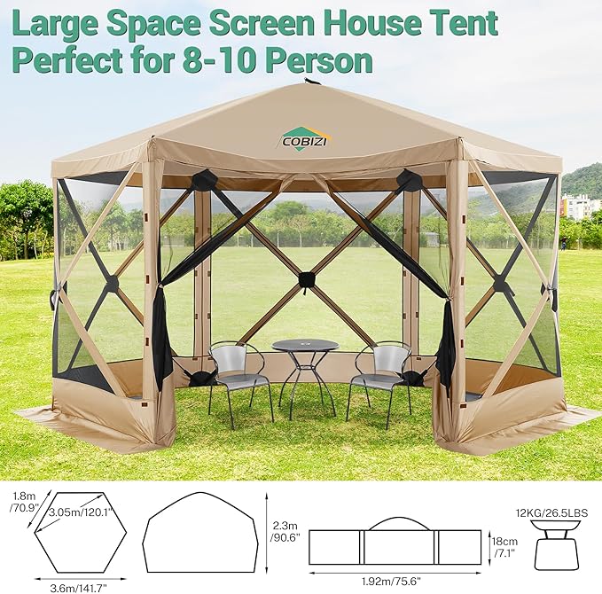 COBIZI 12x12 pop up Gazebo on Clearance Screen Tent for Camping Camping Outdoor Screened Gazebo &amp Canopy TentPortable Hub with Carrying Bag and Ground Stakes Khaki(Upgraded 2.0)