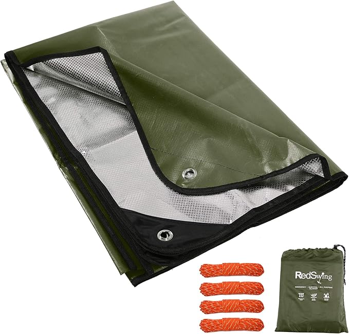 RedSwing Insulated Tarp Multipurpose Emergency Thermal Tarps Waterproof All Weather Heavy Duty Heat Reflective Survival Blanket for Camping Hiking Green