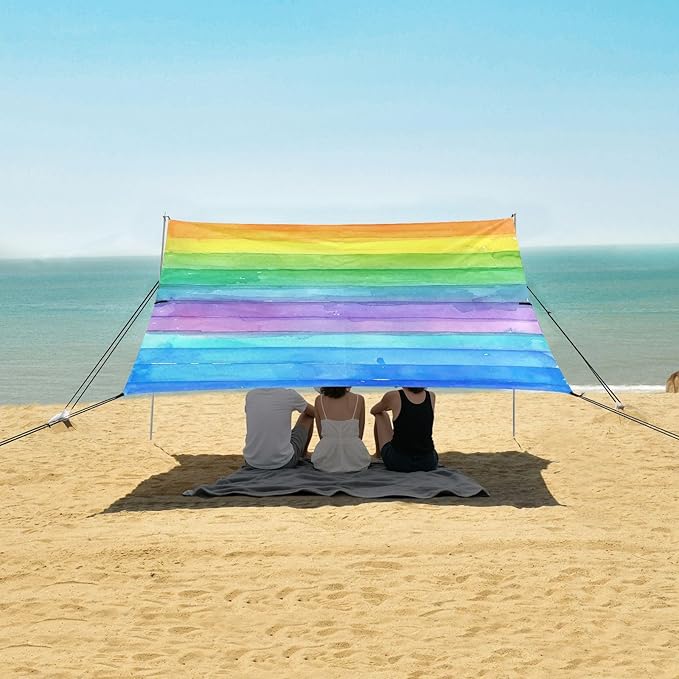 Rainbow Watercolor Stripes Beach Tent Sun Shelter 9.2' x 10.5' Beach Canopy with 4 Sandbags 4 Stability Poles Sand Shovels - Tent Canopy for Beach Camping Fishing Picnics