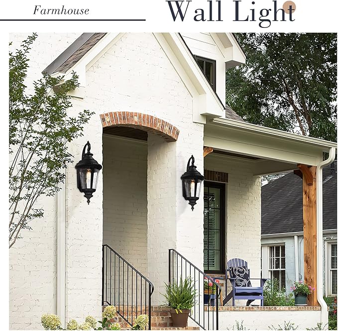 Emliviar Farmhouse Outdoor Light Fixtures Wall Mount 28.4 Inch Large Outside Lamp for Porch Outdoor Carriage Light with Seeded Glass Black Finish XE265B BK