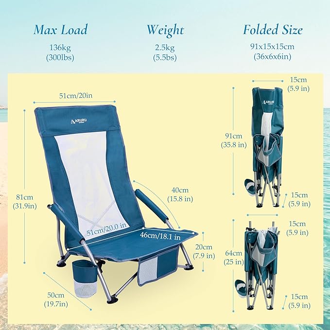 Low Beach Chairs for Adults High BackFolding Portable Sling Beach Camping Chair with Cup HolderLightweight Foldable Camp Lawn Chair for Outdoor Sand Concert Travel Sport Events