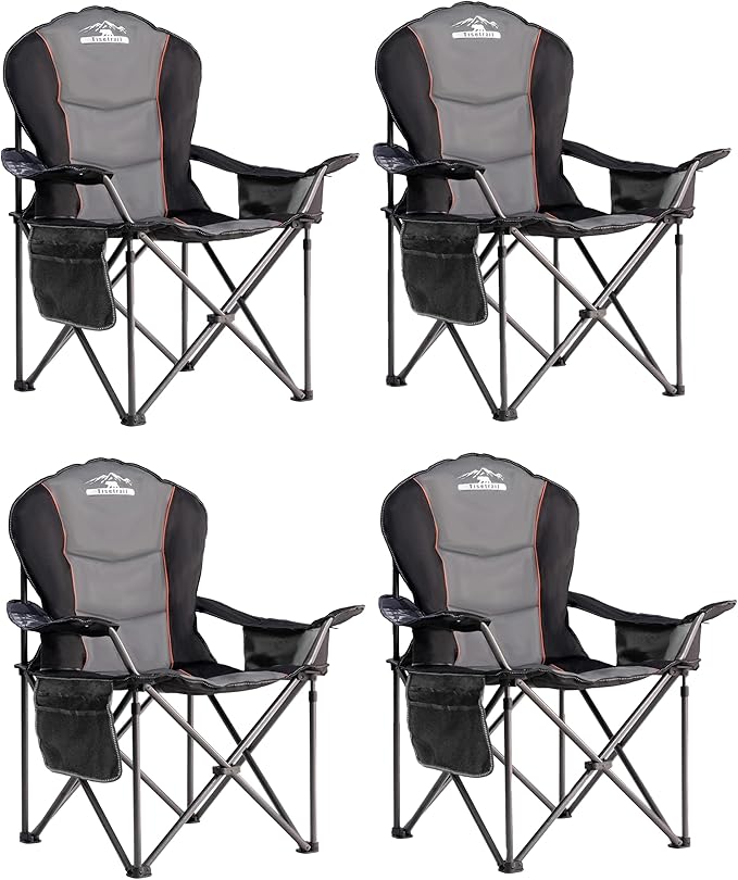 Oversized Camping Chairs with Cooler Bag &amp Cup Holder - Set of 4 Heavy-Duty 500lbs Folding Chairs (Steel Frame Padded Seat Black &amp Gray)