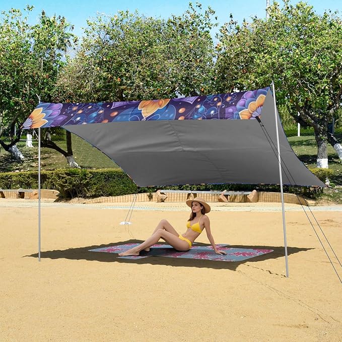 Abstract Mandala Purple Beach Tent Sun Shelter 9.2' x 10.5' Beach Canopy with 4 Sandbags 4 Stability Poles Sand Shovels - Tent Canopy for Beach Camping Fishing Picnics