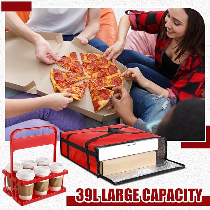 LemonRoad Insulated Pizza Bags for Delivery with Plastic Portable Drink Carrier 20 x 20 x 6 Pizza Warmer Bag Carrier Reusable Insulated Cooler Food Delivery for Personal and Professional Use