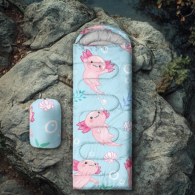 QOOMO Axolotl Cute Camping Sleeping Bags3 Season Warm &amp Cool WeatherLightweightWaterproof Sleeping Bags for Adults &amp KidsTravelingand Outdoors