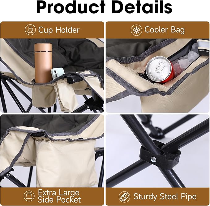 CDEN Camping Chair Thick Padded Lawn Chair Oversized Camping Chair Deluxe with Cup Holder Side Pocket Cooler Bag for Camping Hiking Picnic Travel Festival (1 Pack)