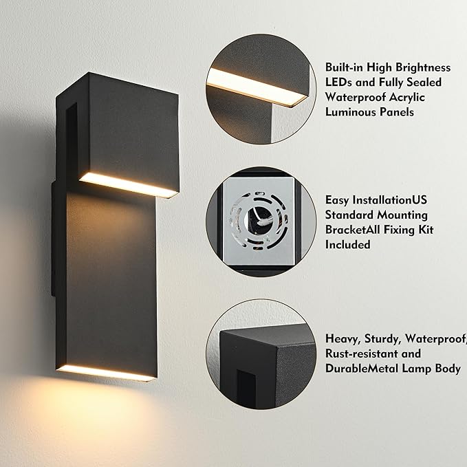 Modern LED Outdoor Wall Sconce 3000K 18W IP65 Waterproof Integrated LED Outdoor Wall Lights Anti Rust Black Porch Lights Exterior Lighting Outside Lights Fixture for GarageBalconyBackyard (1PACK)