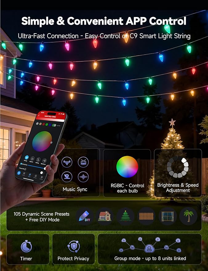 Minetom Smart C9 Christmas Lights Outdoor 100 LED 99FT Christmas Color Changing Fairy Lights App Control Music Sync 105 Preset Modes Connectable RGB C9 String Lights for House Indoor Xmas Decor