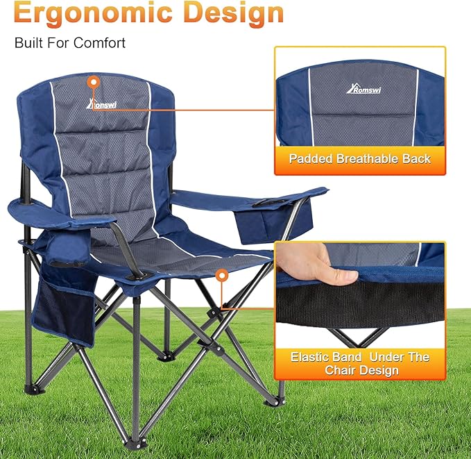 Romswi Oversized Camping ChairsHeavy Duty Support 500 LBSPadded Back &amp Arm Sport Chairs Cup Holder Cooler Bag Collapsible Folding Chairs for Outdoor Fishing &amp Garden Blue2-Pack