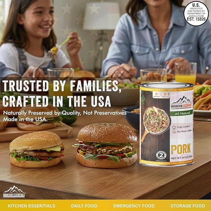 MOUNTAIN ESSENTIALS Canned Pork 14.5 oz – Fully Cooked Ready to Eat – Pantry Staple Meat for Everyday Meals Premium Emergency Survival Bulk Food Storage Camping Hiking &amp Quick Meals – 5-Year