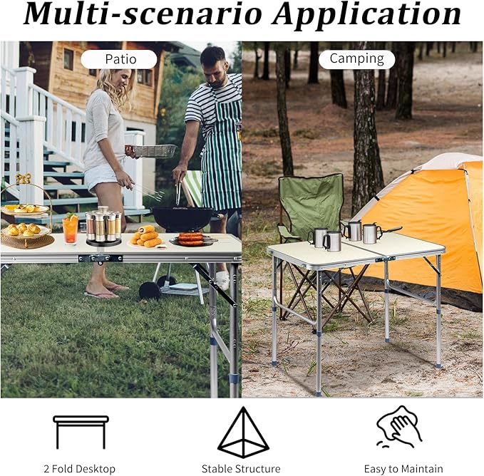 3FT Folding Camping Table with Adjustable Height Legs Indoor Outdoor Lightweight Portable Aluminum Dining Pinic Table (White)