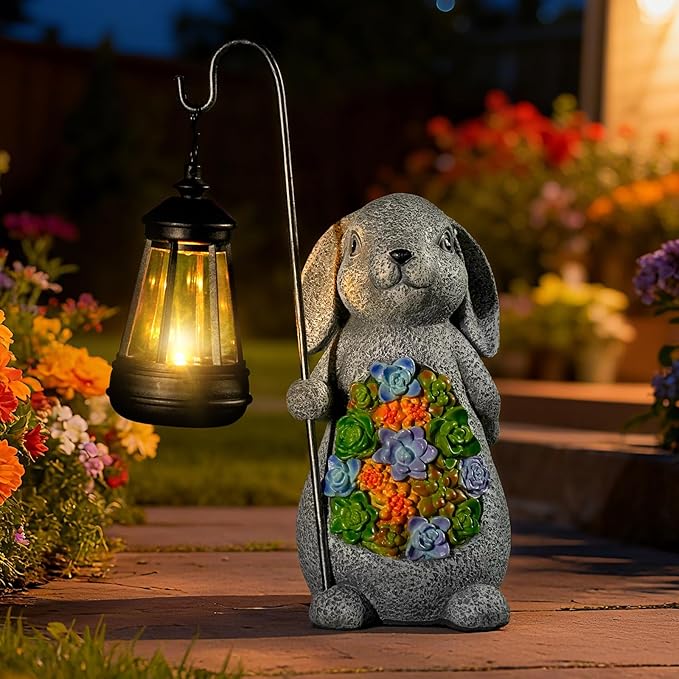 Solar Rabbit Garden Statue with Lantern – Waterproof Resin Outdoor Decor for Yard Lawn Patio Garden – Gift for Easter Christmas Housewarming – Solar Garden Decor
